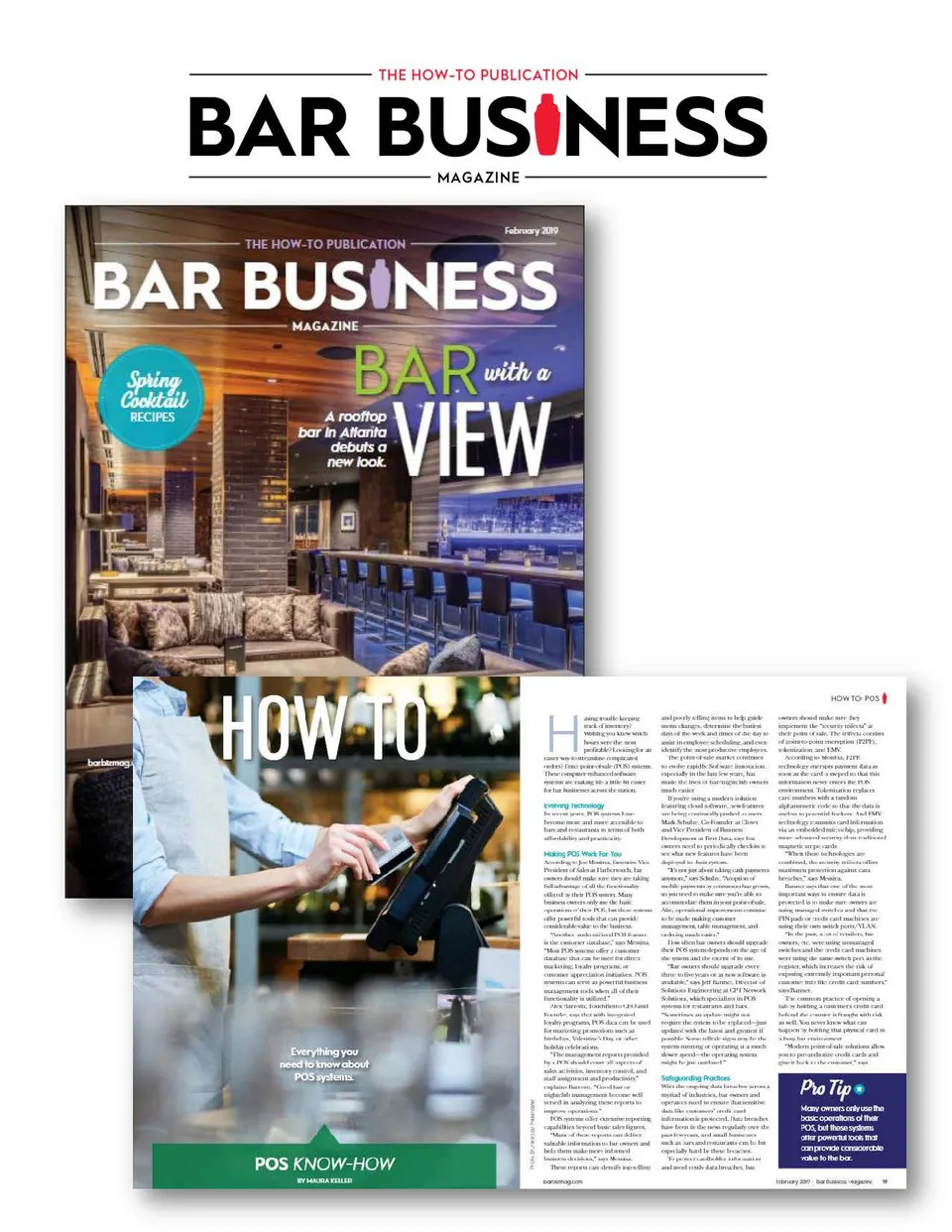 The February 2019 cover of Bar Business Magazine beside the “How To” feature page, which shows a bartender tapping an order into a POS touchscreen.