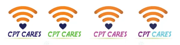 Four versions of the CPT Cares logo, a heart beneath orange signal arcs, with the words CPT Cares in pink, green, purple and turquoise.