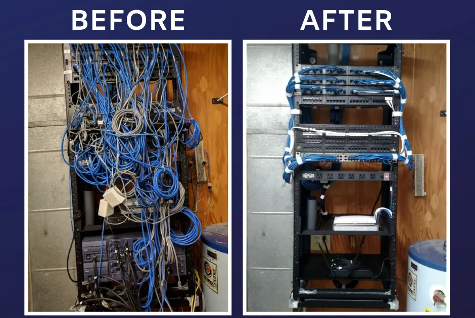 Two photos of the same network rack. Before: a tangle of blue and gray patch cables hiding the equipment. After: short, neatly routed cables through cable managers and the equipment clearly visible.