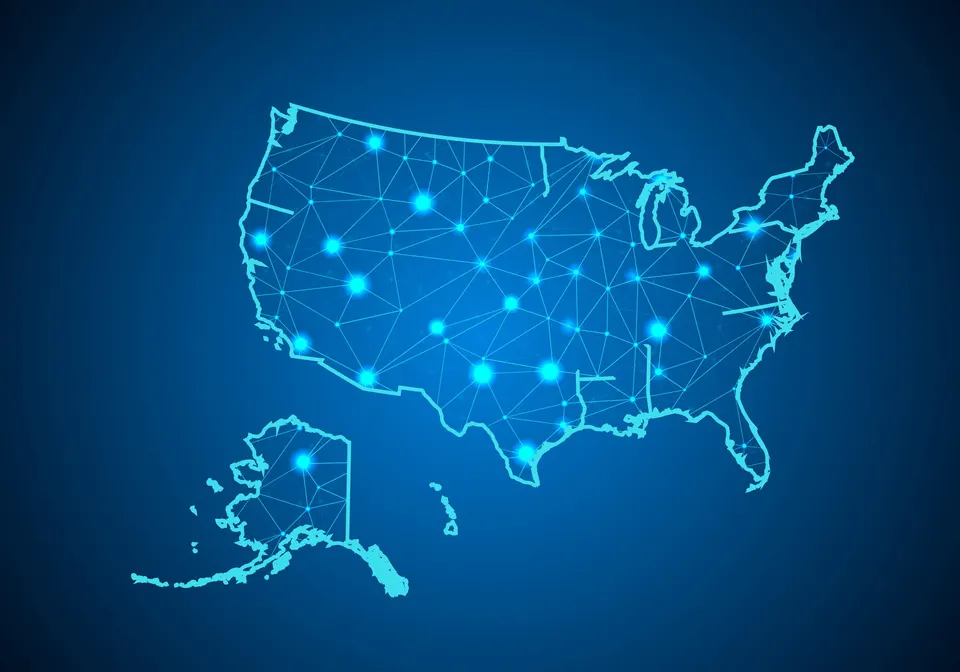 A map of the United States, Alaska included, covered in a glowing network of connected points.