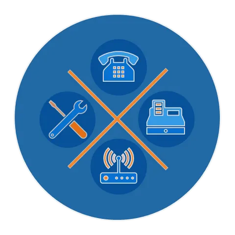 A telephone, a cash register, a wireless router and hand tools arranged around a cross.