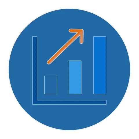 Bar chart with an arrow rising to the top.