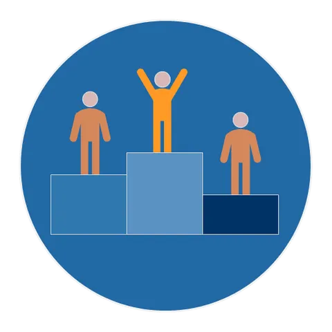 Three figures on a winners' podium, with the one in first place raising both arms.