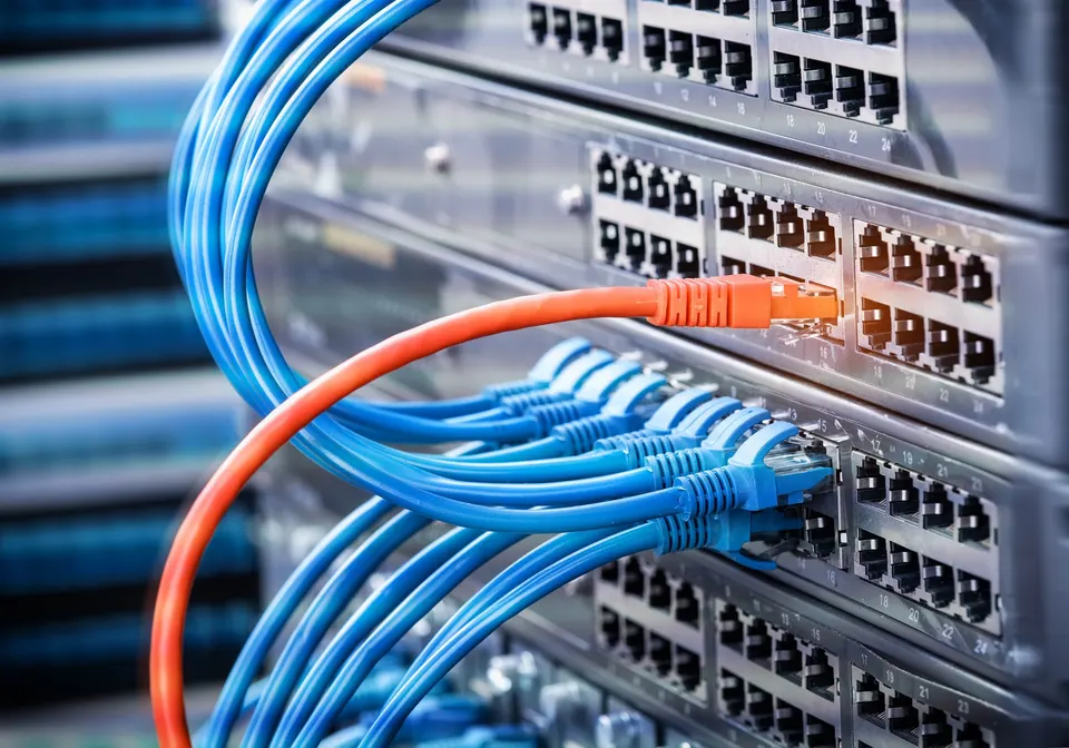 Blue patch cables and one orange cable plugged into the ports of rack-mounted network switches.